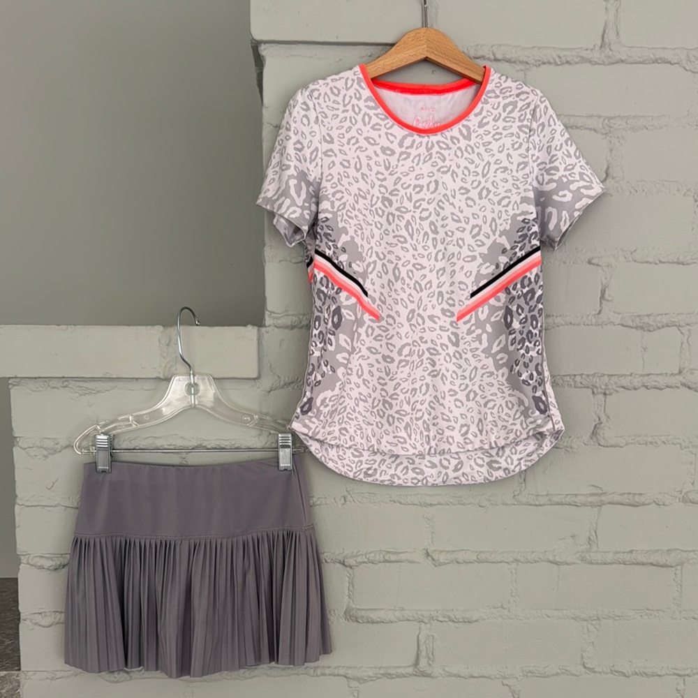 Gray and Pink Leopard Print Top and Skirt Set
